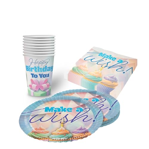 Party Factory Party-Set Happy Birthday Pastell, 3 teiliges Partyset mit 20 Servietten, 8 Bechern, 8 Tellern, farbenfrohe Dekoration für Kindergeburtstage und Partys von Party Factory