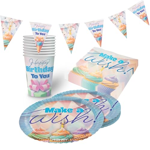 Party Factory Party-Set Happy Birthday Pastell, 4 teiliges Partyset mit 20 Servietten, 8 Bechern, 8 Tellern und 1 Wimpelkette, farbenfrohe Dekoration für Kindergeburtstage und Partys Party Factory Party-Set Happy Birthday Pastell, 4 teiliges Partyset mit 20 Servietten, 8 Bechern, 8 Tellern und 1 Wimpelkette, farbenfrohe Dekoration für Kindergeburtstage und Partys von Party Factory
