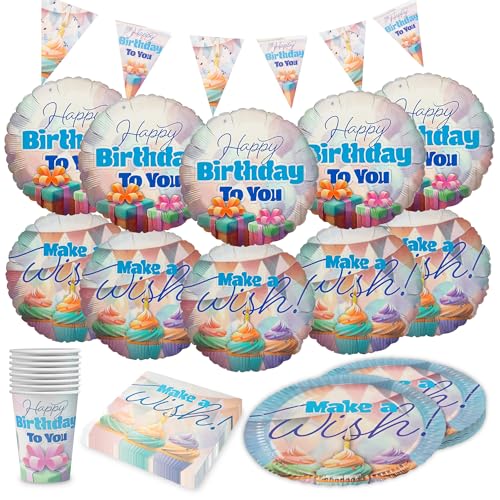 Party Factory Party-Set Happy Birthday Pastell, 5-teiliges Partyset mit 20 Servietten, 8 Bechern, 8 Tellern, 1 Wimpelkette und 10 Folienballons, Dekoration für Kindergeburtstage und Partys von Party Factory