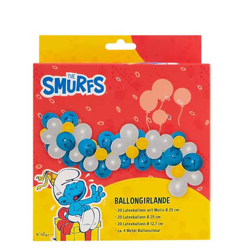 Party Factory `Schlümpfe´ Ballongirlande aus 60 weißen, blauen und gelben Latexballons, Ø25 und 12cm, inklusive 4m Ballonband von Party Factory
