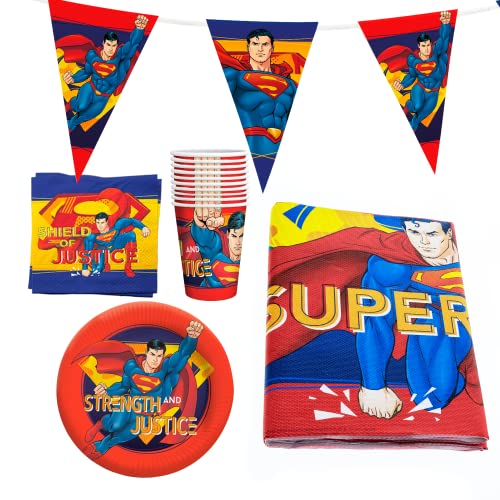 Party Factory `Superman´ Party-Set Einweggeschirr, 10 Becher, 10 Teller, 20 Servietten, 1 Tischdecke und 1 Wimpelkette von Party Factory