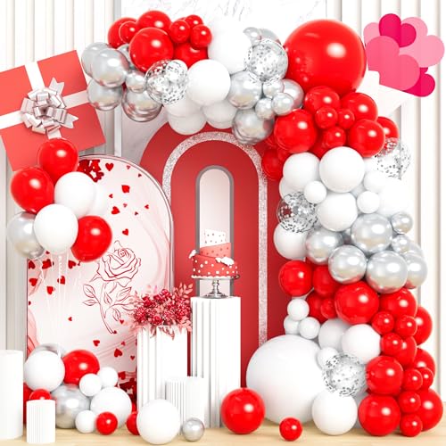 Luftballons Girlande Rot, 115 Stück Ballon Rot Weiß Silber Konfetti Luftballon Mädchen Frauen Geburtstag Hochzeit Jubiläum Verlobung Jahrestag Abschlussfeier Valentinstag Bachelor Dekora von Party Forest