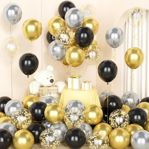 Schwarze Gold und Silber Ballons mit Konfetti Ballons von Party Forest