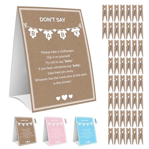 Party Hearty Babyparty-Spiele für Mädchen und Jungen, "Don't Say Baby Game", 1 Schild und 50 Mini-Wäscheklammern, Baby-Party-Spiel, Babyparty-Ideen von Party Hearty