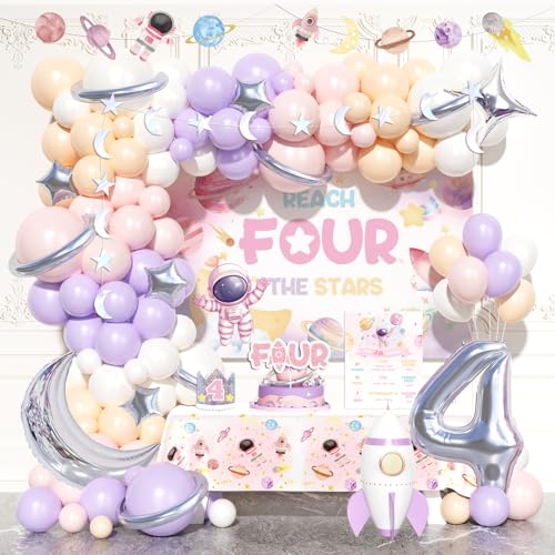 Party Inspo Reach Four The Stars Geburtstagsdekorationen, Weltraum 4. Geburtstag Dekorationen Mädchen, Weltraum Astronaut Party Supplies Hintergrund Ballon Banner Tischdecke Krone Boxen für 4 Jahre Party Inspo Reach Four The Stars Geburtstagsdekorationen, Weltraum 4. Geburtstag Dekorationen Mädchen, Weltraum Astronaut Party Supplies Hintergrund Ballon Banner Tischdecke Krone Boxen für 4 Jahre von Party Inspo