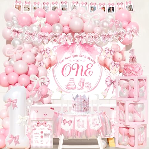 Party Inspo Rosa Schleife zum 1. Geburtstag, Dekorationen für Mädchen, rosa Schleife, Hintergrundballon, Banner, Tischdecke, Krone, für Mädchen, Kokette, Einjähriger Geburtstag, Partyzubehör Party Inspo Rosa Schleife zum 1. Geburtstag, Dekorationen für Mädchen, rosa Schleife, Hintergrundballon, Banner, Tischdecke, Krone, für Mädchen, Kokette, Einjähriger Geburtstag, Partyzubehör von Party Inspo