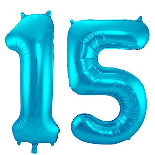 Folienballon 86 cm Zahlenballon, Luftballon, Geburtstag, Zahl für Helium und Luftfüllung geeignet Happy Birthday (Blau/Türkis, 15) von Party Nation