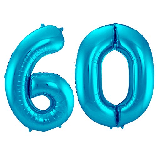 Folienballon 86 cm Zahlenballon, Luftballon, Geburtstag, Zahl für Helium und Luftfüllung geeignet Happy Birthday (Blau/Türkis, 60) von Party Nation