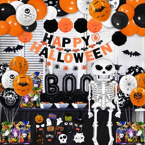 Party-Spot! 120 Stück Halloween-Dekorationen, 1,52 m großer Jumbo-Folienballon, Happy Banner, 60 Luftballons, Süßigkeitentüten, Spinnen-Fledermaus-Banner, Folienvorhänge, Partyzubehör von Party Spot!