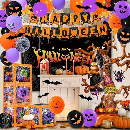 Party-Spot! 157-teiliges Halloween-Party-Dekorationsset, 43-Zoll-Riesenbaumballon, 4 Ballonboxen, Happy Halloween-Banner, 60 Luftballons, künstliche Blätter von Party Spot!