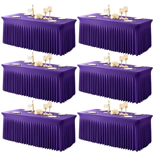 6 Packungen violette Tischdecken für rechteckige Tische, einteilig, knitterfrei, Stretch-Spandex-Tischdecken mit Rock für Veranstaltungen, Bankette, Hochzeit, Geburtstag, Party von Party Talk