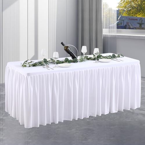 Weiße Polyester-Tischdecke für rechteckige Tische, knitterfrei, 122 cm, Stretch-Tischdecken mit Rock für Partys, Hochzeiten, Geburtstage, Bankette, Babypartys von Party Talk