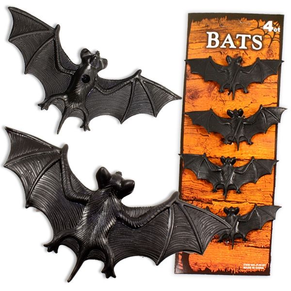 Fledermaus Set, 4 Fledermäuse aus Gummi als Gruselparty Deko, 10cm