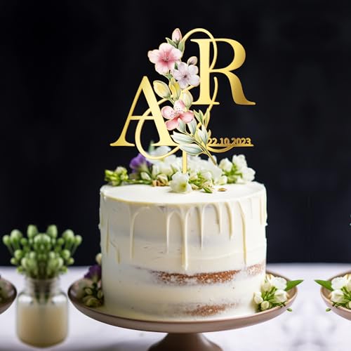 Party to Be Frühling Cake Topper Hochzeit Personalisiert Hochzeitstorte Deko in Acryl Custom Braut und Bräutigam Tortenstecker mit Namen Initialen (Frühling Blumen) von Party to Be