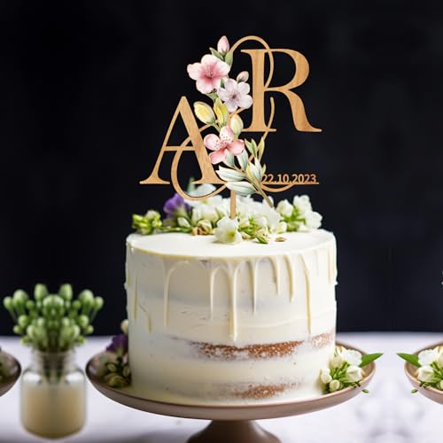Party to Be Frühling Cake Topper Hochzeit Personalisiert Hochzeitstorte Deko in Holz Custom Braut und Bräutigam Tortenstecker mit Namen Initialen (Frühling Blumen) von Party to Be
