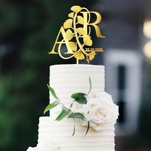 Party to Be Herbst Cake Topper Hochzeit Personalisiert Hochzeitstorte Deko in Acryl Custom Braut und Bräutigam Tortenstecker mit Namen Initialen (Gingko Blätter) von Party to Be