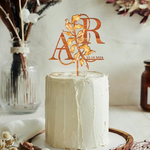 Party to Be Herbst Cake Topper Hochzeit Personalisiert Hochzeitstorte Deko in Holz Custom Braut und Bräutigam Tortenstecker mit Namen Initialen (Herbst Blätter) von Party to Be