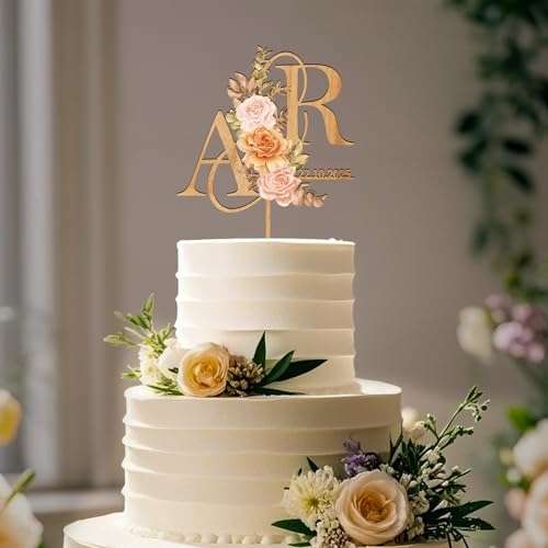 Party to Be Herbst Cake Topper Hochzeit Personalisiert Hochzeitstorte Deko in Holz Custom Braut und Bräutigam Tortenstecker mit Namen Initialen (Herbst Blumen) von Party to Be
