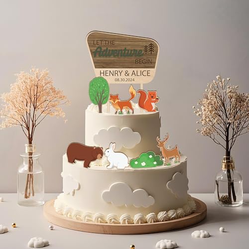 Party to Be Let the Adventure Begin Hochzeit Topper mit Personalisiert Namen und Datum Camper Kuchen Dekoration 3D Nationalpark Holz Topper (Design 01) von Party to Be