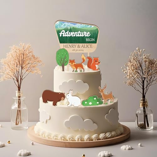 Party to Be Let the Adventure Begin Kuchen Topper ffür Hochzeit 3D Nationalpark Kuchen Dekoration mit Personalisiert Namen und Datum Natur Kuchen Topper in Holz und Weiß Acryl (Design 03) von Party to Be