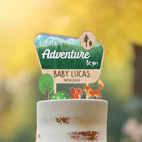 Party to Be Let the Adventure Begin Kuchen Topper für Baby Dusche 3D Nationalpark Kuchen Dekoration mit Personalisiert Name und Datum Natur Kuchen Topper in Holz und Weiß Acryl (Design 03) von Party to Be