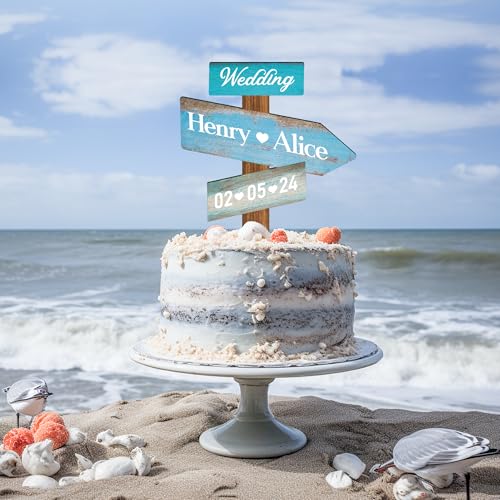 Party to Be Rustikale Holz Hochzeit Cake Topper Personalisiert Hochzeitstorte Deko Custom Braut und Bräutigam Tortenstecker mit Namen (Ozean) von Party to Be