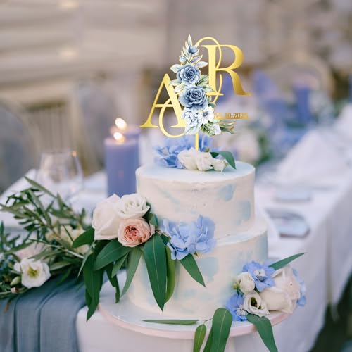Party to Be Winter Cake Topper Hochzeit Personalisiert Hochzeitstorte Deko in Acryl Custom Braut und Bräutigam Tortenstecker mit Namen Initialen (Blaue Blumen) von Party to Be