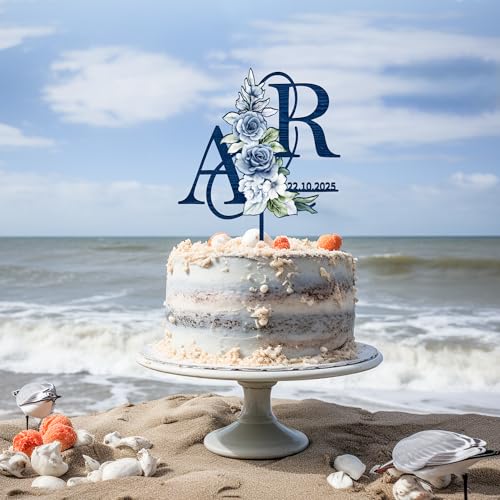 Party to Be Winter Cake Topper Hochzeit Personalisiert Hochzeitstorte Deko in Holz Custom Braut und Bräutigam Tortenstecker mit Namen Initialen (Blaue Blumen) von Party to Be