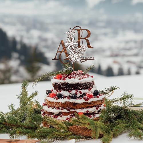 Party to Be Winter Cake Topper Hochzeit Personalisiert Hochzeitstorte Deko in Holz Custom Braut und Bräutigam Tortenstecker mit Namen Initialen (Schneeflocke) von Party to Be