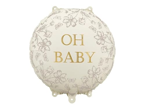 Folienballon „Oh Baby“ – 35 cm – Beige mit Blumenmotiv – Helium & Luft – Baby Shower Deko von PartyDeco