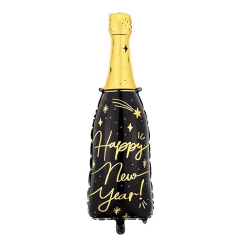 Folienballon Sekt Flasche 27x88cm mit Schriftzug Happy New Year - zur Befüllung mit Luft oder Helium - großer Folien Luftballon für Silvester Party Geburtstag - Gold von PartyDeco