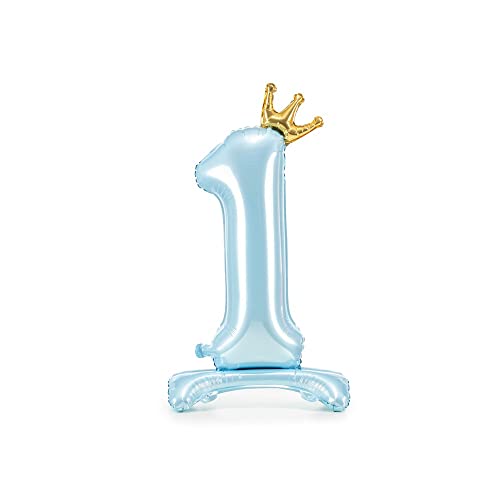 Folienballon Zahl 1 hellblau Krone mit Standfuß 84cm von PartyDeco