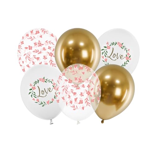 Luftballons Love 30cm 6er Set - Ballons für Helium oder Luft - Latexballons für Hochzeit Verlobung JGA Geburtstag - Ballonset Mix als Hochzeitsdeko Geburtstagsdeko - Weiß Klar Transparent Gold von PartyDeco