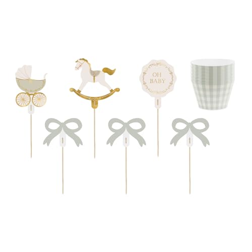 Muffin Deko Set Oh Baby – 6 Muffinförmchen grün kariert & 6 Topper mit Holzstäbchen, Höhe Papier 5,2–9 cm, Stäbchen 10 cm, Dekoration für Baby Shower, DIY Montage Muffin Cupcake Picker von PartyDeco