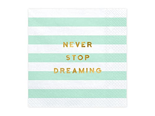 PartyDeco Papierservietten in mint mit Aufschrift Never stop dreaming- Dekorative Servietten für Geburtstagsfeier- Ladies Night- Taschentuch Servietten mit gedruckter Aufschrift Tischdekoration von PartyDeco