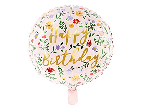 Folienballon Happy Birthday 35cm rund Blumen Schriftzug Helium Luftballon Kindergeburtstag Garten von PartyDeco
