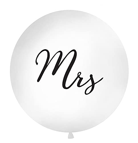 PartyDeco Runde Ballon Weiß mit Schwarzen Aufschrift Mrs- Latex-Ballon Brautpaar Junges Paar in der Luft- 1m Durchmesser Ballon Träger Hochzeit Dekoration Hochzeit Empfang von PartyDeco