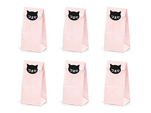 Papiertüten Katzen Aufkleber 8x18x6cm 6er Set Mitgebsel Kindergeburtstag Geschenktüten rosa schwarz von PartyDeco