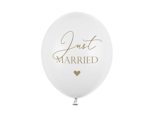 PartyDeco Latex Luftballons mit Just Married Aufdruck in Gold für Hel - Weiße Luftballons mit Aufdruck - Durchmesser ca. 30 cm (1 Op. 50 Stück) für Hochzeit Geburtstag Hochzeit Babyparty von PartyDeco