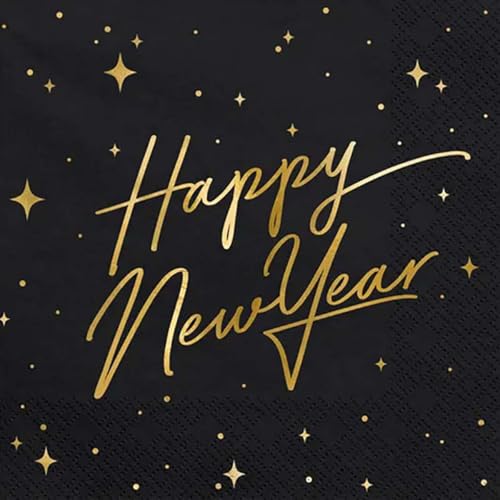 PartyDeco Papierservietten Happy New Year- Schwarze Servietten mit goldmetallischer "Happy New Year" Aufschrift - Schwarz/GoldSilvester Neujahr Party Dekoration Einweg Découpage von PartyDeco