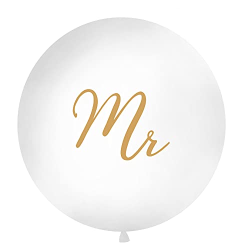 PartyDeco Runde Ballon Weiß mit Goldenen Aufschrift Mr - Latex-Ballon Brautpaar Junges Paar in der Luft- 1m Durchmesser Ballon Träger Hochzeit Dekoration Hochzeit Empfang von PartyDeco