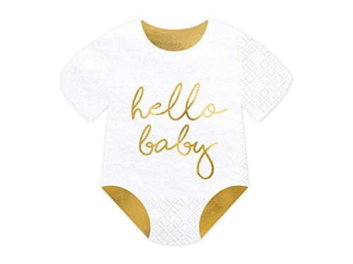 Servietten Hello Baby Strampler 32,5x31,5 cm 3-lagig 20 Stück Papierservietten Servierten für Geburt und Babyparty weiß gold bedruckt von PartyDeco