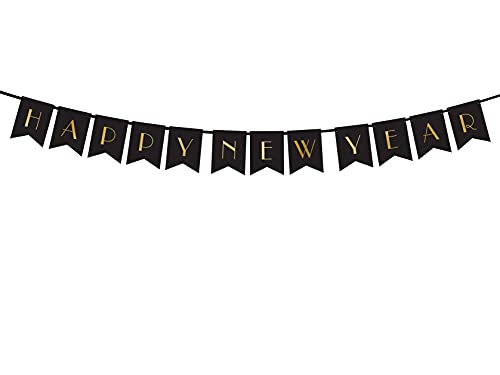 PartyDeco Silvester Banner Happy New Year Dekoration Schwarz mit goldenen Inschrift Frohes neues Jahr von PartyDeco