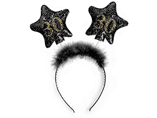 PartyDeco Stirnband mit Sternen und gedruckten Zahlen 30 Schwarz mit Fell Haarband für 30. Geburtstag Runde Geburtstag Gadgets Geburtstagsgeschenk Haarschmuck von PartyDeco
