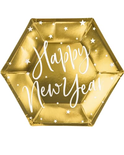 Partydeco sp. z o.o. sp. k. Goldene Teller mit der Aufschrift: Happy New Year weiß und gleichfarbige Sterne, 6 Stück von PartyDeco