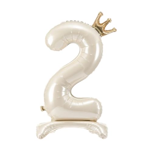 Stehender Folienballon Zahl „2“ – Hellcreme – mit Krone – 84 cm – Luftbefüllbar von PartyDeco