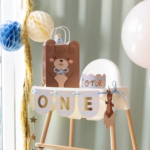 Teddybär 1. Geburtstag Feier Banner mit Krone - Braun und Blau hängende Dekoration von PartyDeco