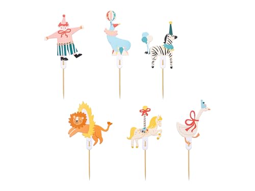 Cake Topper Zirkus 9-11,5cm 6er Set - Muffin Cupcake Deko für Kindergeburtstag Geburtstag Kuchen Torten - Tortenstecker als Tortendeko & Kuchendeko - Geburtstagsdeko & Partydeko von PartyDeco