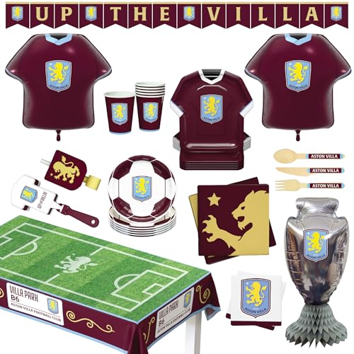 Aston Villa FC Offizielles Partyzubehör-Set, 77-teiliges Fußball-Party-Dekorationen, serviert 6, mit Luftballons und Geschirr | für Geburtstag & Spieltag feiern von PartyDroid