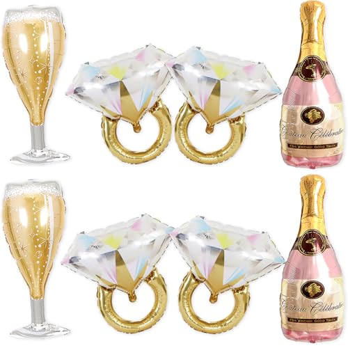 Bachelorette Party Luftballons Set - 2 Champagnerflaschen, 2 Champagnergläser & 4 Diamantringballons - Verlobung, Brautparty, Junggesellinnenabschied Dekorationen (2 Pac) von PartyForever